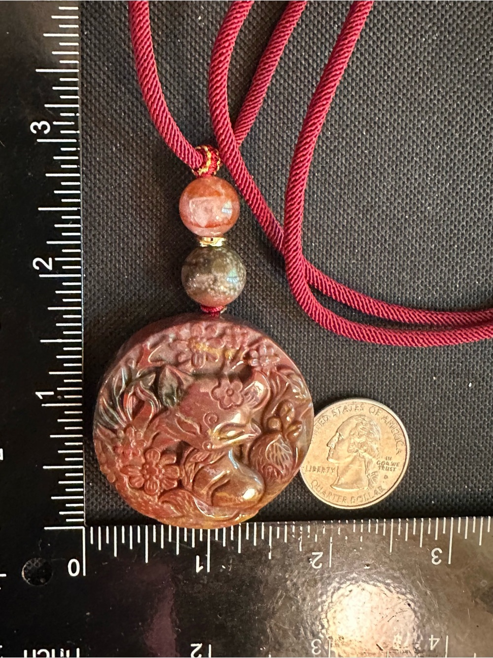 Maroon Ocean Jasper Fox Pendant Necklace with Amethyst on Adjustable Rope - Picture 12 of 13